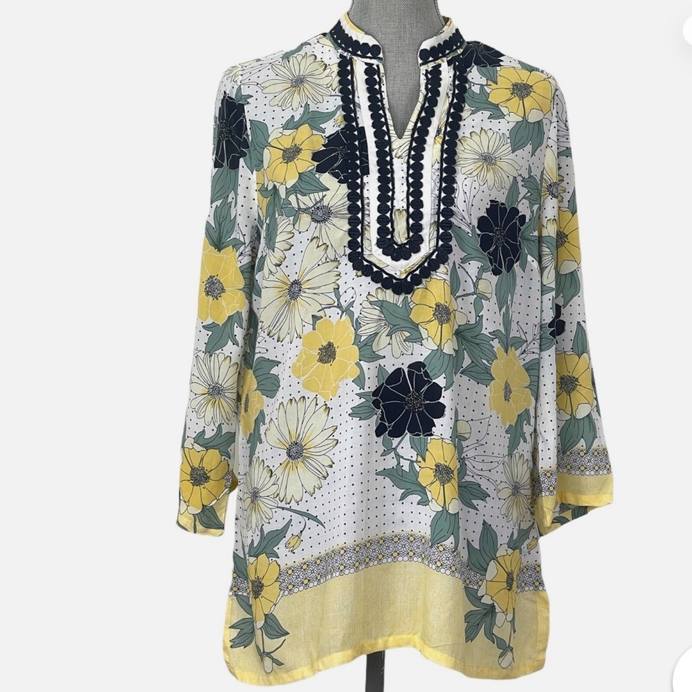 Charter Club Plus Yellow & Blue Floral Tunic Appliqué Neck 3X
